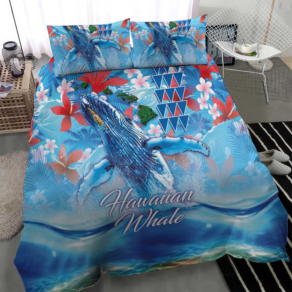 Hawaiian Waves Whale Bedding Set Kakau Art and Tropical Red Hibiscus Flowers LT03 - Polynesian Pride