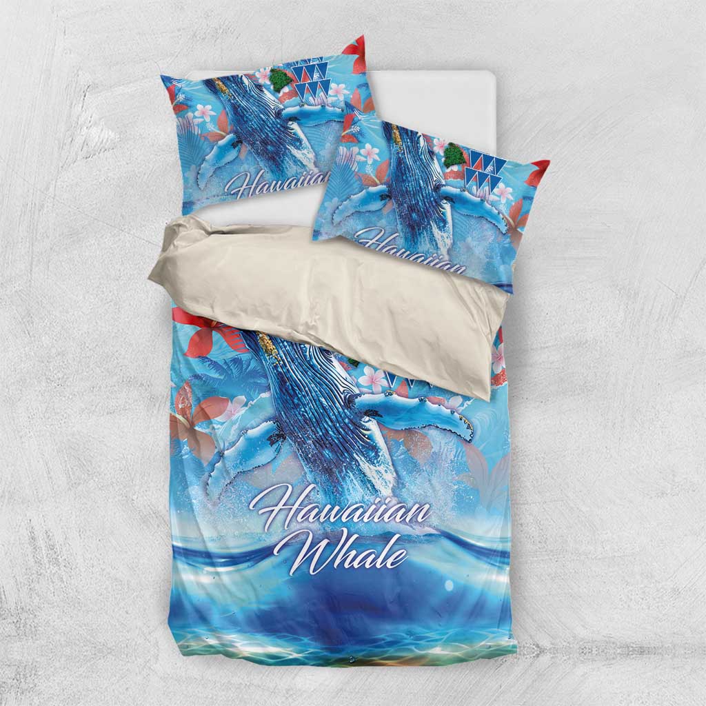 Hawaiian Waves Whale Bedding Set Kakau Art and Tropical Red Hibiscus Flowers LT03 US Twin 172cm x 218cm Blue - Polynesian Pride