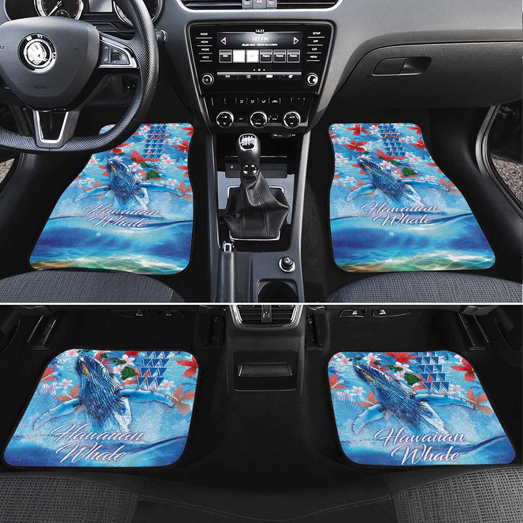 Hawaiian Waves Whale Car Mats Kakau Art and Tropical Red Hibiscus Flowers LT03 Set 4pcs Blue - Polynesian Pride