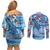 Hawaiian Waves Whale Couples Matching Off Shoulder Short Dress and Long Sleeve Button Shirt Kakau Art and Tropical Red Hibiscus Flowers