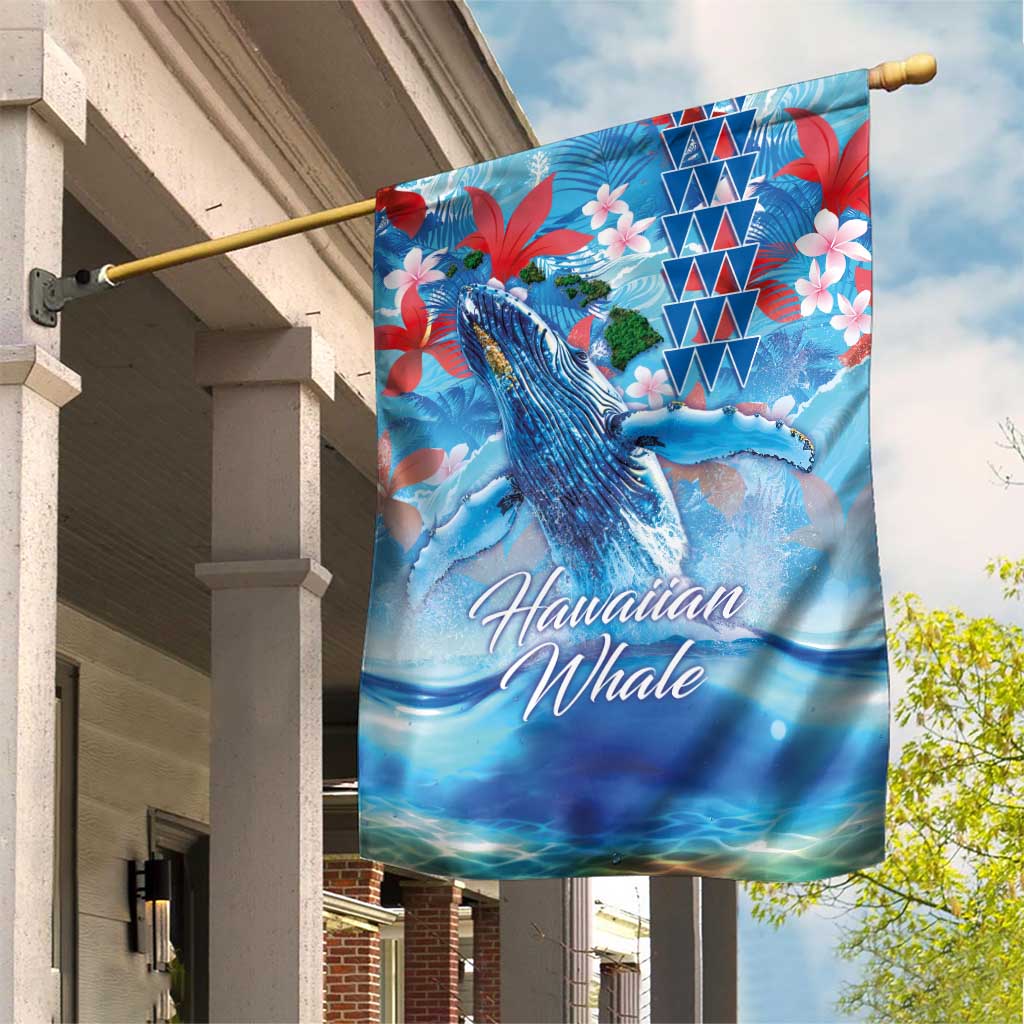 Hawaiian Waves Whale Garden Flag Kakau Art and Tropical Red Hibiscus Flowers LT03 House Flag Blue - Polynesian Pride