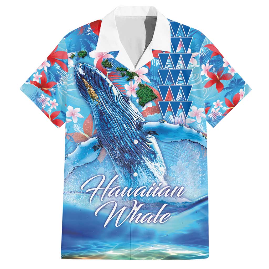 Hawaiian Waves Whale Hawaiian Shirt Kakau Art and Tropical Red Hibiscus Flowers LT03 Blue - Polynesian Pride