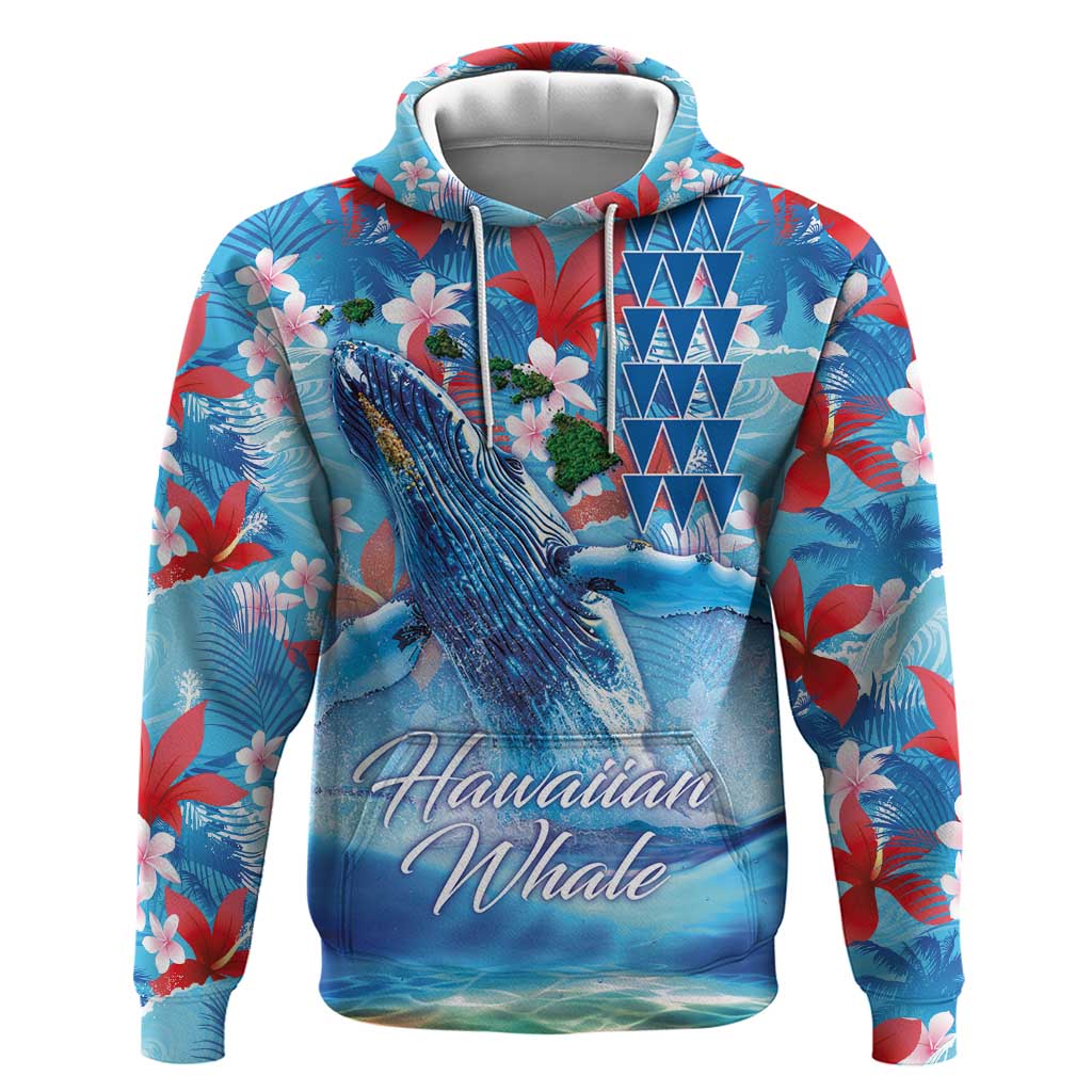 Hawaiian Waves Whale Hoodie Kakau Art and Tropical Red Hibiscus Flowers