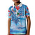 Hawaiian Waves Whale Kid Polo Shirt Kakau Art and Tropical Red Hibiscus Flowers