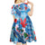 Hawaiian Waves Whale Kid Short Sleeve Dress Kakau Art and Tropical Red Hibiscus Flowers