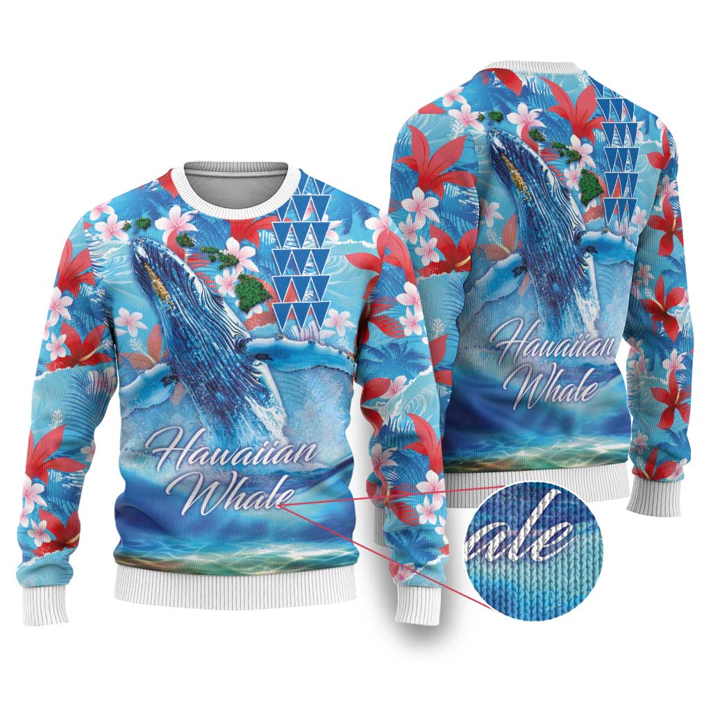 Hawaiian Waves Whale Ugly Christmas Sweater Kakau Art and Tropical Red Hibiscus Flowers