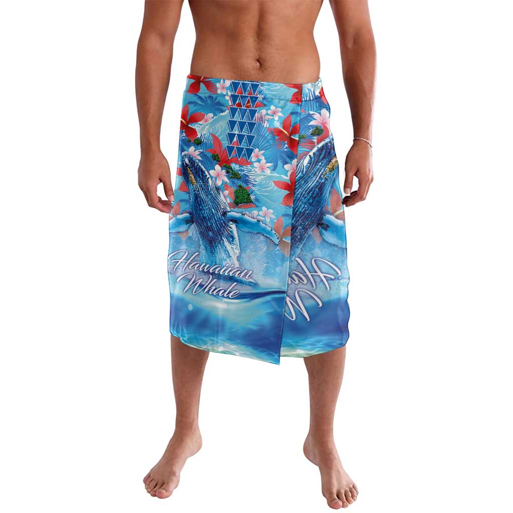 Hawaiian Waves Whale Lavalava Kakau Art and Tropical Red Hibiscus Flowers LT03 Blue - Polynesian Pride