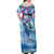 Hawaiian Waves Whale Off Shoulder Maxi Dress Kakau Art and Tropical Red Hibiscus Flowers