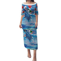 Hawaiian Waves Whale Puletasi Kakau Art and Tropical Red Hibiscus Flowers LT03 Long Dress Blue - Polynesian Pride