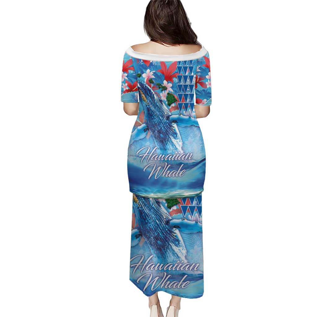 Hawaiian Waves Whale Puletasi Kakau Art and Tropical Red Hibiscus Flowers LT03 - Polynesian Pride