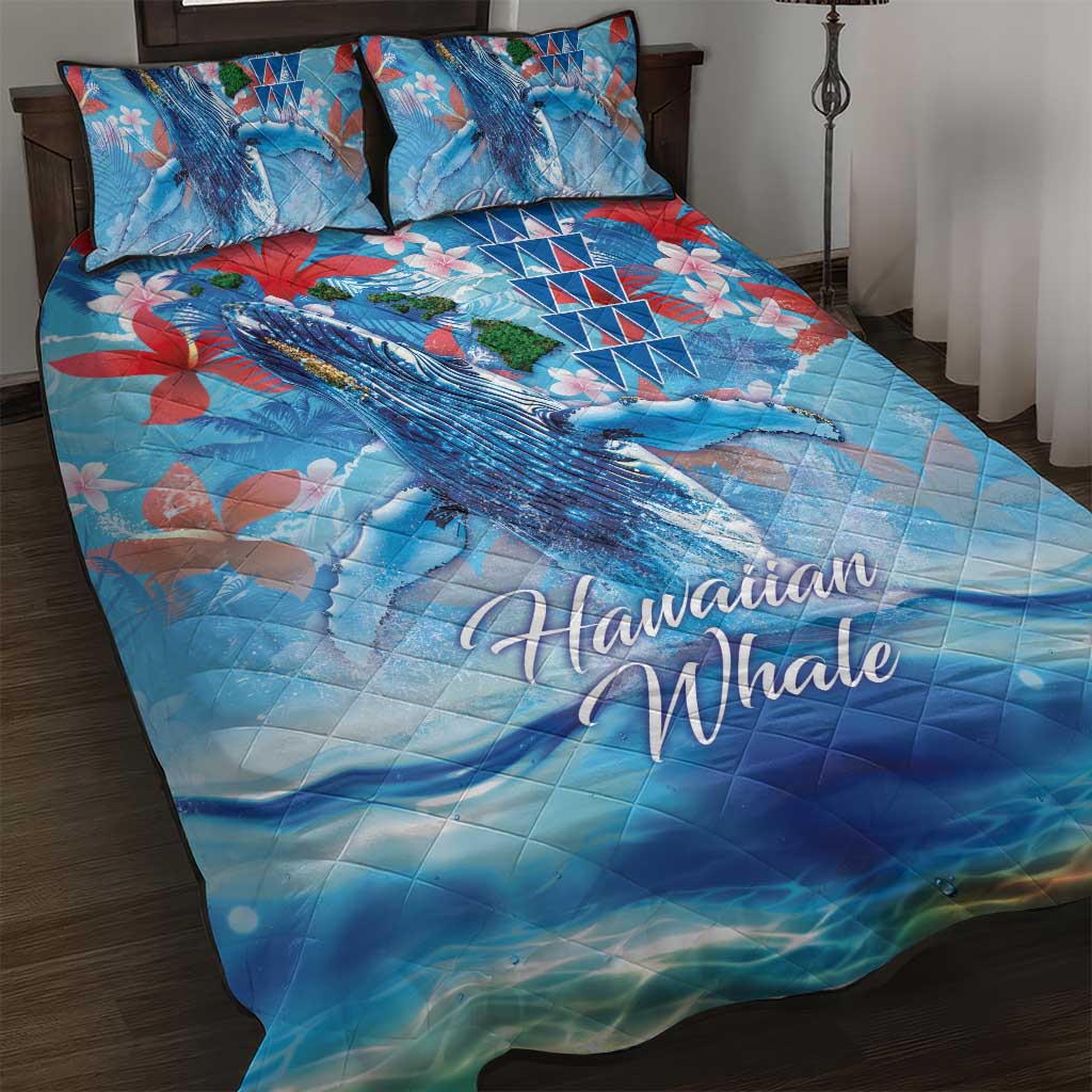 Hawaiian Waves Whale Quilt Bed Set Kakau Art and Tropical Red Hibiscus Flowers LT03 Blue - Polynesian Pride