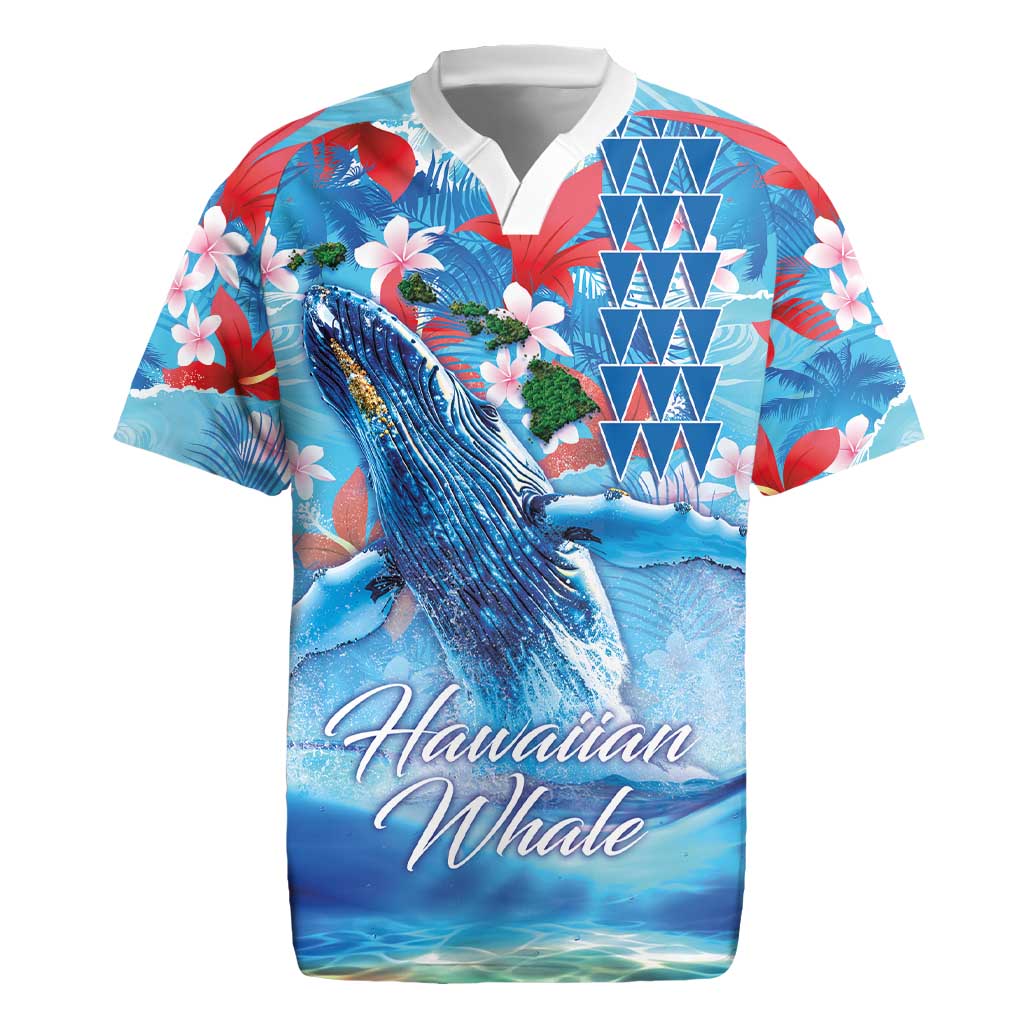 Hawaiian Waves Whale Rugby Jersey Kakau Art and Tropical Red Hibiscus Flowers LT03 Blue - Polynesian Pride