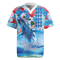 Hawaiian Waves Whale Rugby Jersey Kakau Art and Tropical Red Hibiscus Flowers LT03 Blue - Polynesian Pride