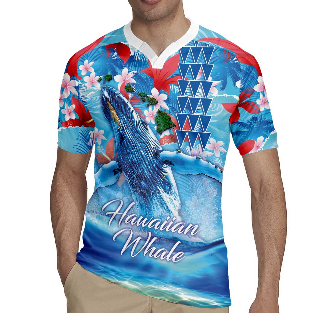 Hawaiian Waves Whale Rugby Jersey Kakau Art and Tropical Red Hibiscus Flowers LT03 - Polynesian Pride