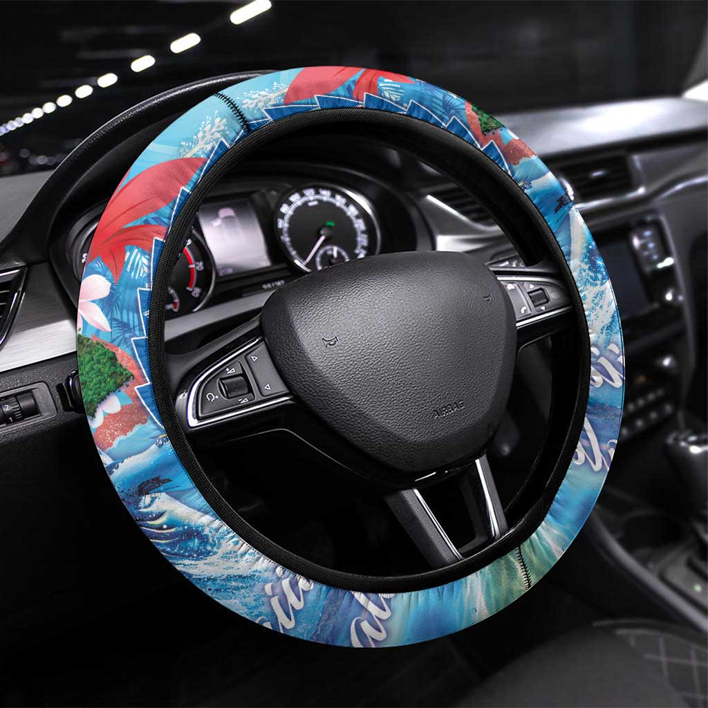Hawaiian Waves Whale Steering Wheel Cover Kakau Art and Tropical Red Hibiscus Flowers LT03 Universal Fit Blue - Polynesian Pride