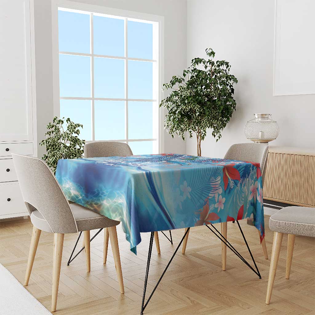 Hawaiian Waves Whale Tablecloth Kakau Art and Tropical Red Hibiscus Flowers LT03 - Polynesian Pride