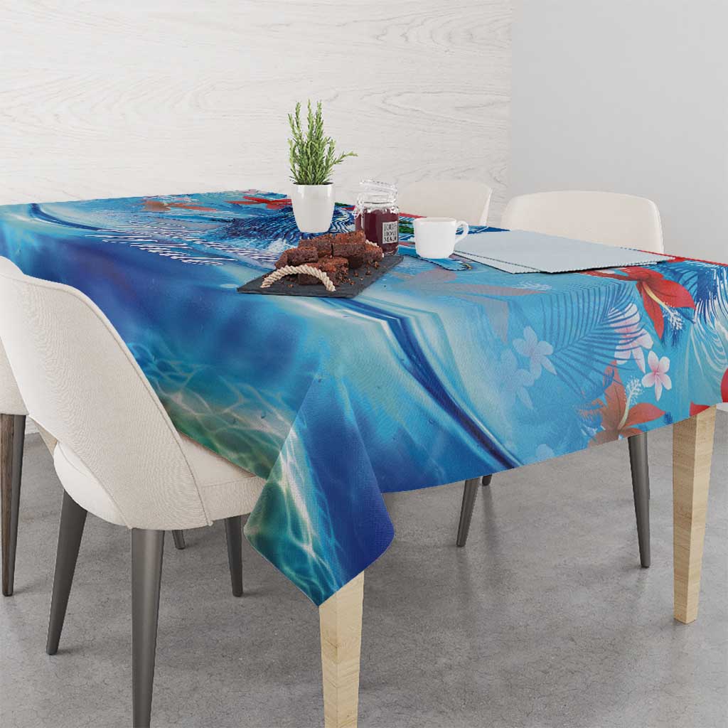 Hawaiian Waves Whale Tablecloth Kakau Art and Tropical Red Hibiscus Flowers LT03 - Polynesian Pride