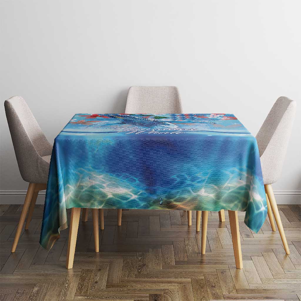 Hawaiian Waves Whale Tablecloth Kakau Art and Tropical Red Hibiscus Flowers LT03 - Polynesian Pride