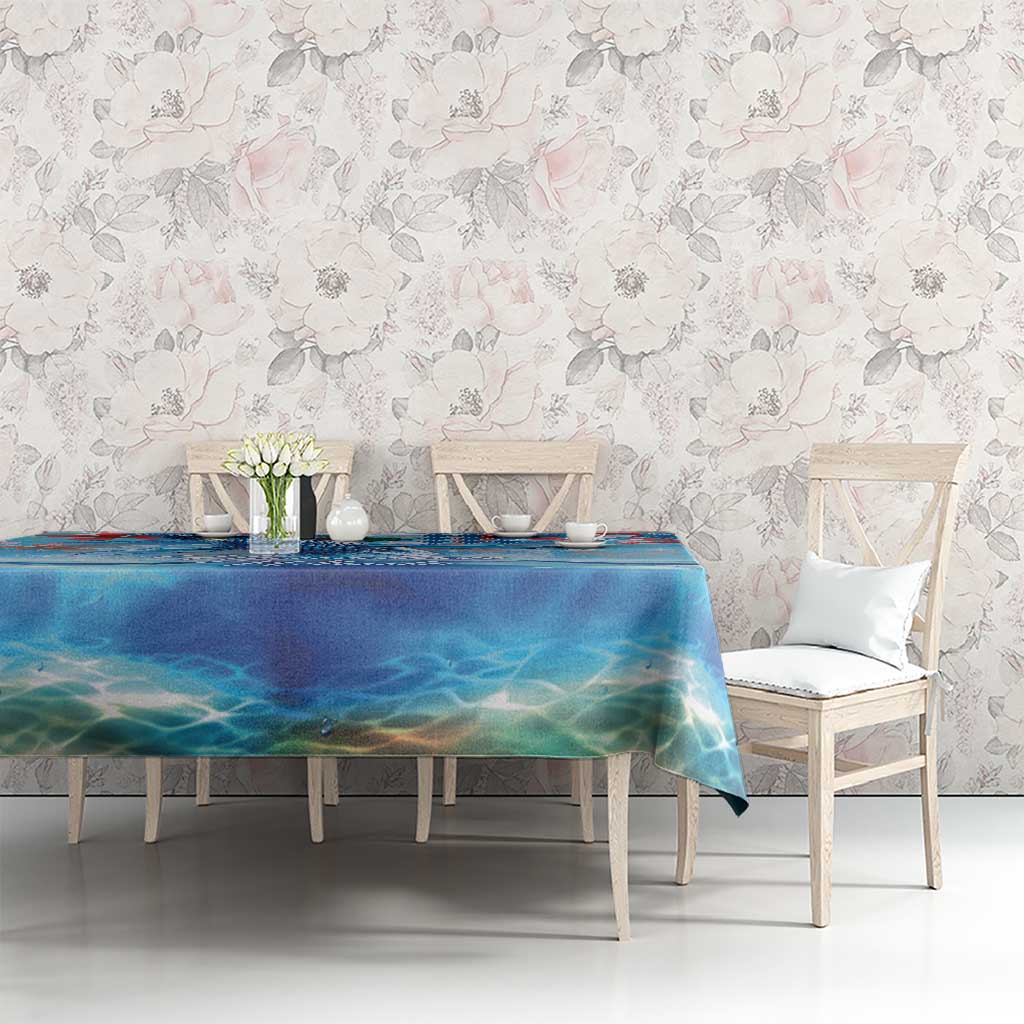 Hawaiian Waves Whale Tablecloth Kakau Art and Tropical Red Hibiscus Flowers LT03 - Polynesian Pride