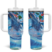 Hawaiian Waves Whale Tumbler With Handle Kakau Art and Tropical Red Hibiscus Flowers LT03 One Size: 40 oz Blue - Polynesian Pride