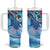 Hawaiian Waves Whale Tumbler With Handle Kakau Art and Tropical Red Hibiscus Flowers