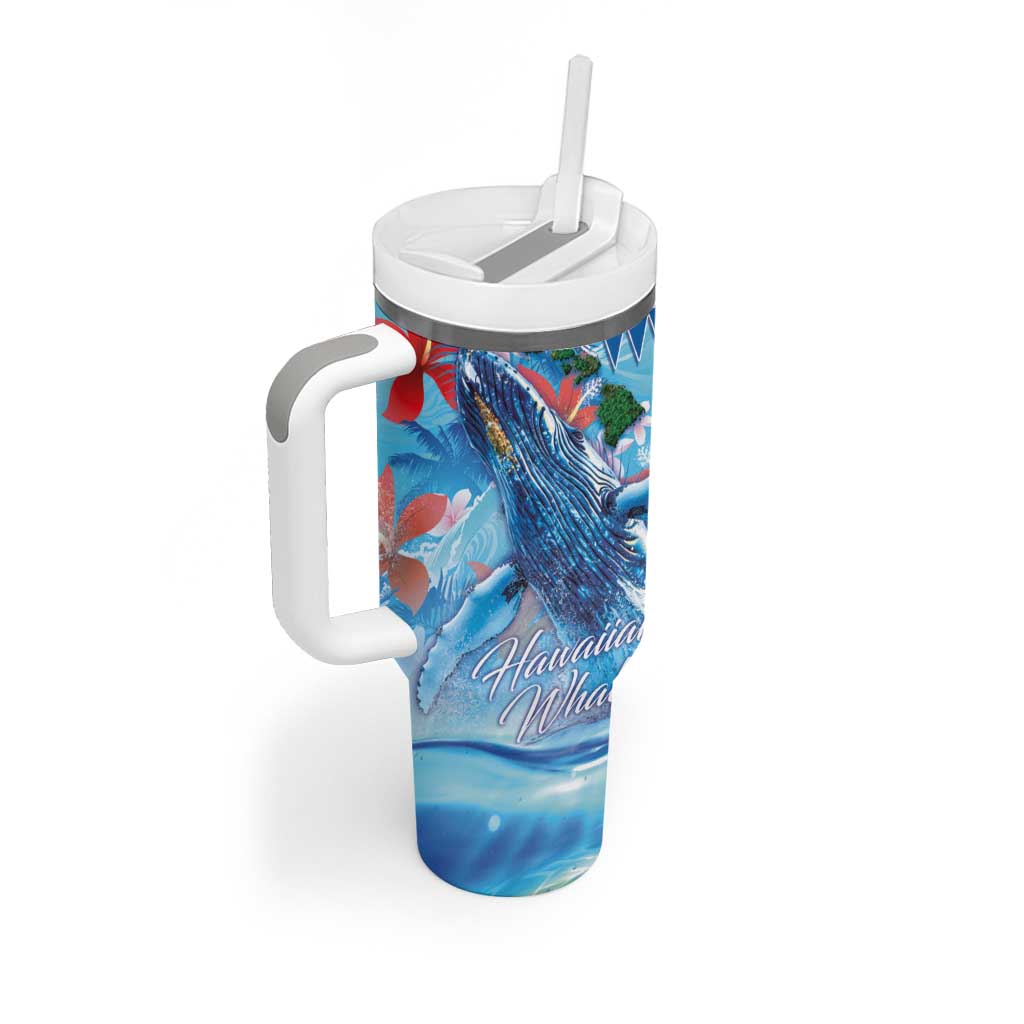 Hawaiian Waves Whale Tumbler With Handle Kakau Art and Tropical Red Hibiscus Flowers LT03 - Polynesian Pride