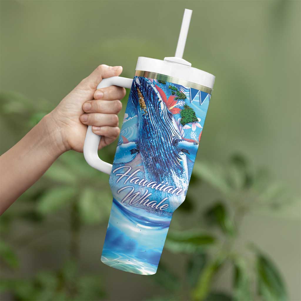Hawaiian Waves Whale Tumbler With Handle Kakau Art and Tropical Red Hibiscus Flowers LT03 - Polynesian Pride