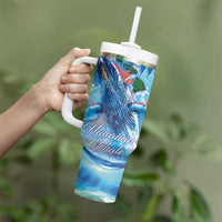 Hawaiian Waves Whale Tumbler With Handle Kakau Art and Tropical Red Hibiscus Flowers LT03 - Polynesian Pride