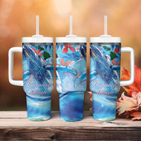 Hawaiian Waves Whale Tumbler With Handle Kakau Art and Tropical Red Hibiscus Flowers LT03 - Polynesian Pride
