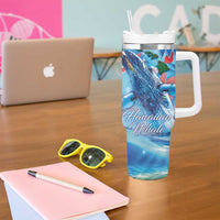 Hawaiian Waves Whale Tumbler With Handle Kakau Art and Tropical Red Hibiscus Flowers LT03 - Polynesian Pride