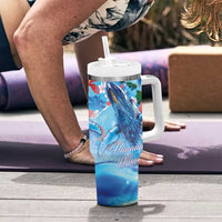 Hawaiian Waves Whale Tumbler With Handle Kakau Art and Tropical Red Hibiscus Flowers LT03 - Polynesian Pride