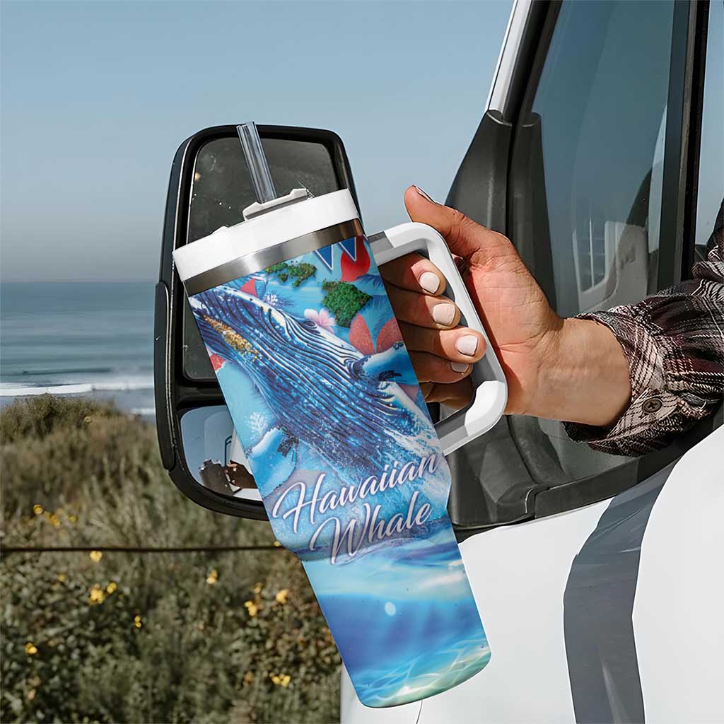 Hawaiian Waves Whale Tumbler With Handle Kakau Art and Tropical Red Hibiscus Flowers LT03 - Polynesian Pride