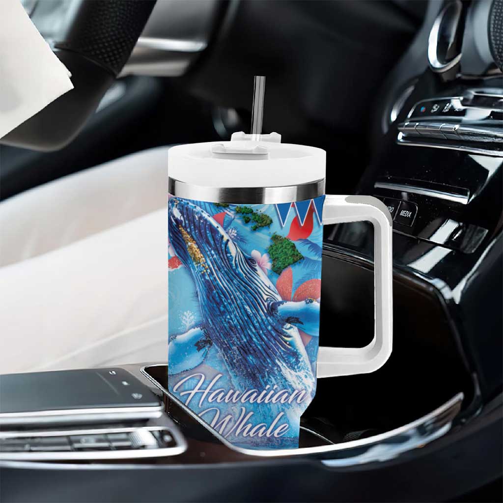 Hawaiian Waves Whale Tumbler With Handle Kakau Art and Tropical Red Hibiscus Flowers LT03 - Polynesian Pride
