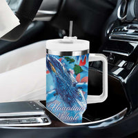 Hawaiian Waves Whale Tumbler With Handle Kakau Art and Tropical Red Hibiscus Flowers LT03 - Polynesian Pride