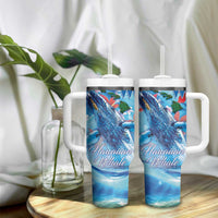 Hawaiian Waves Whale Tumbler With Handle Kakau Art and Tropical Red Hibiscus Flowers LT03 - Polynesian Pride