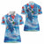 Hawaiian Waves Whale Women Polo Shirt Kakau Art and Tropical Red Hibiscus Flowers