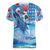 Hawaiian Waves Whale Women V-Neck T-Shirt Kakau Art and Tropical Red Hibiscus Flowers