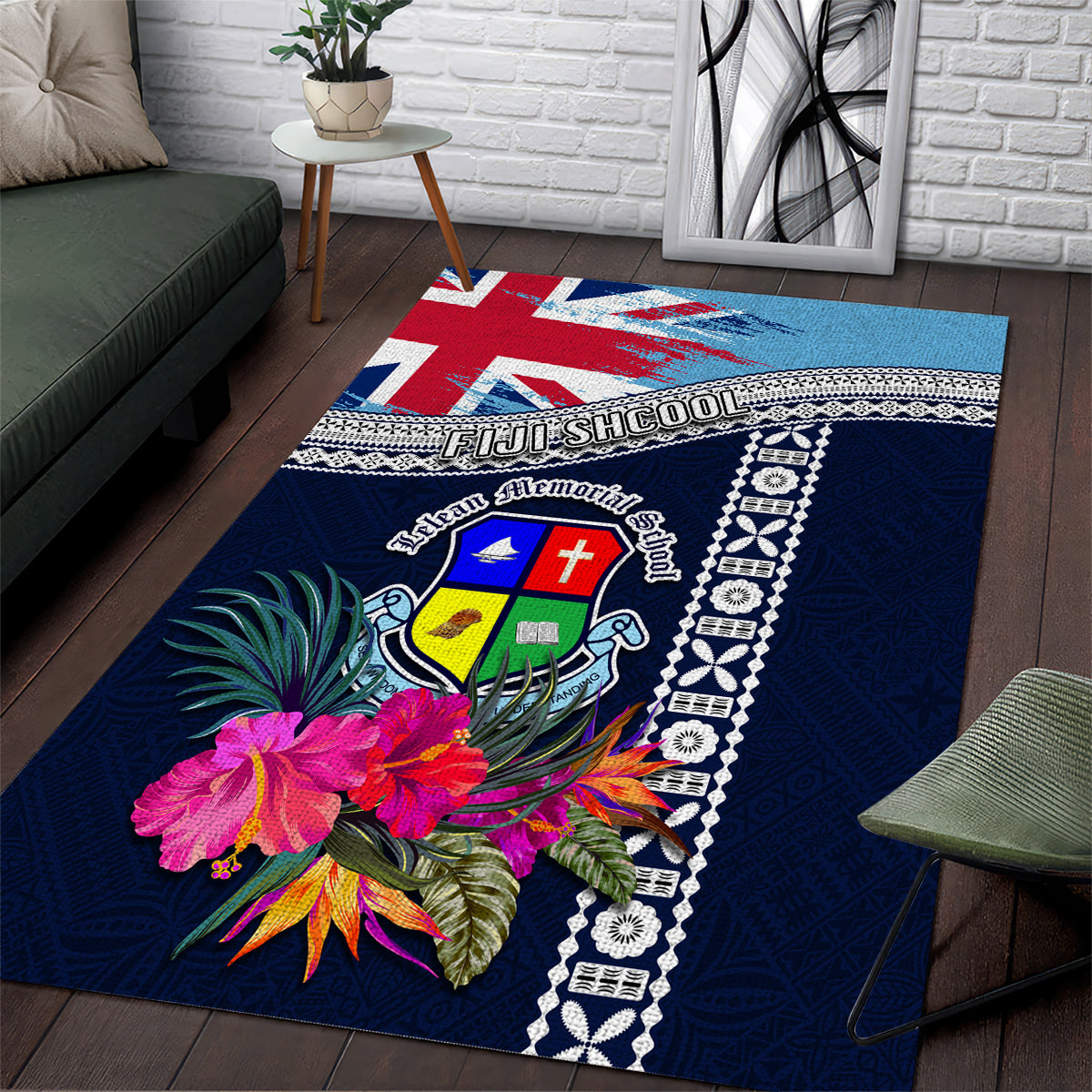 Fiji Lelean Memorial School Area Rug Tapa and Polynesian Tribal Pattern LT03 Blue - Polynesian Pride