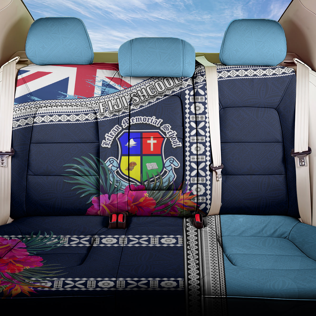 Fiji Lelean Memorial School Back Car Seat Cover Tapa and Polynesian Tribal Pattern LT03 One Size Blue - Polynesian Pride