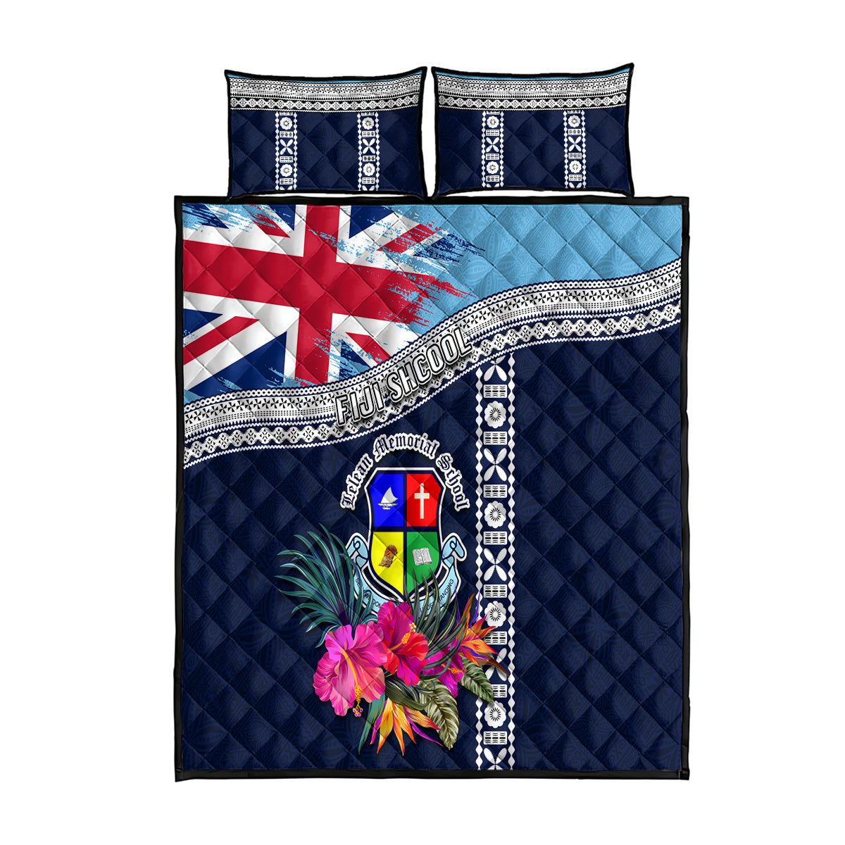 Fiji Lelean Memorial School Quilt Bed Set Tapa and Polynesian Tribal Pattern LT03 Blue - Polynesian Pride