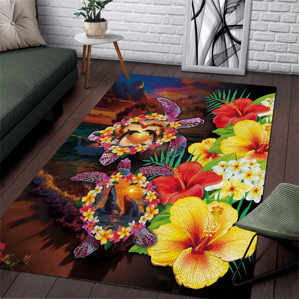 Hawaiian Sea Animals Love Couple Area Rug Aloha Sunset Symphony