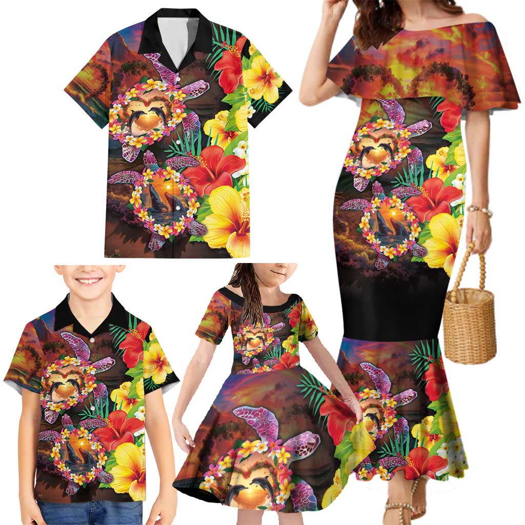 Hawaiian Sea Animals Love Couple Family Matching Mermaid Dress and Hawaiian Shirt Aloha Sunset Symphony