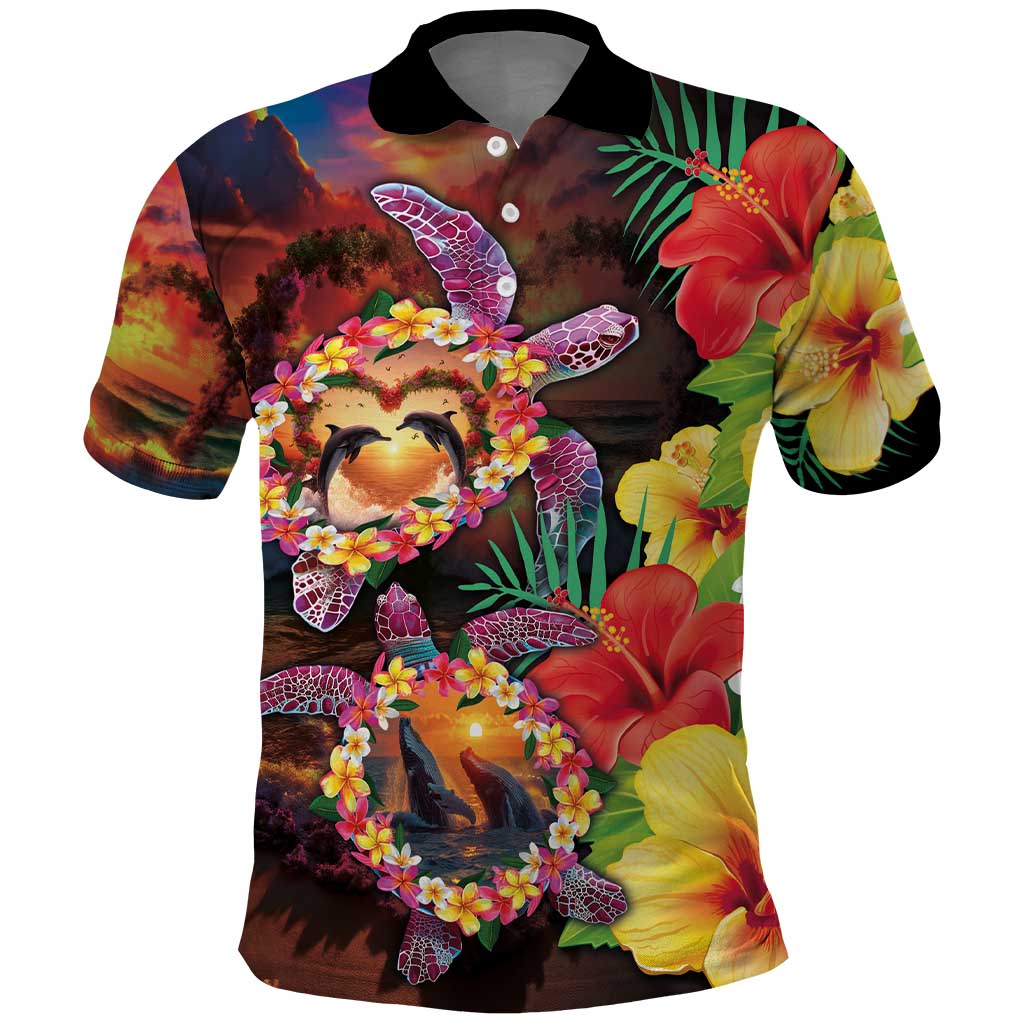 Hawaiian Sea Animals Love Couple Polo Shirt Aloha Sunset Symphony