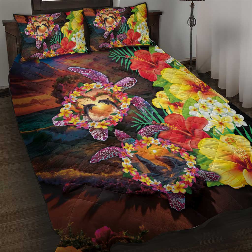 Hawaiian Sea Animals Love Couple Quilt Bed Set Aloha Sunset Symphony LT03 Black - Polynesian Pride