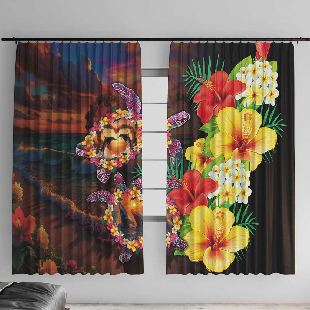 Hawaiian Sea Animals Love Couple Window Curtain Aloha Sunset Symphony LT03 With Hooks Black - Polynesian Pride