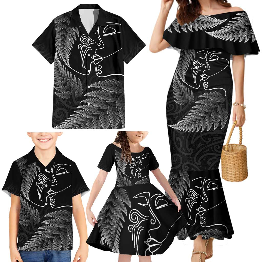 New Zealand Valentine's Day Family Matching Mermaid Dress and Hawaiian Shirt Silver Fern and Line Art Love Couple