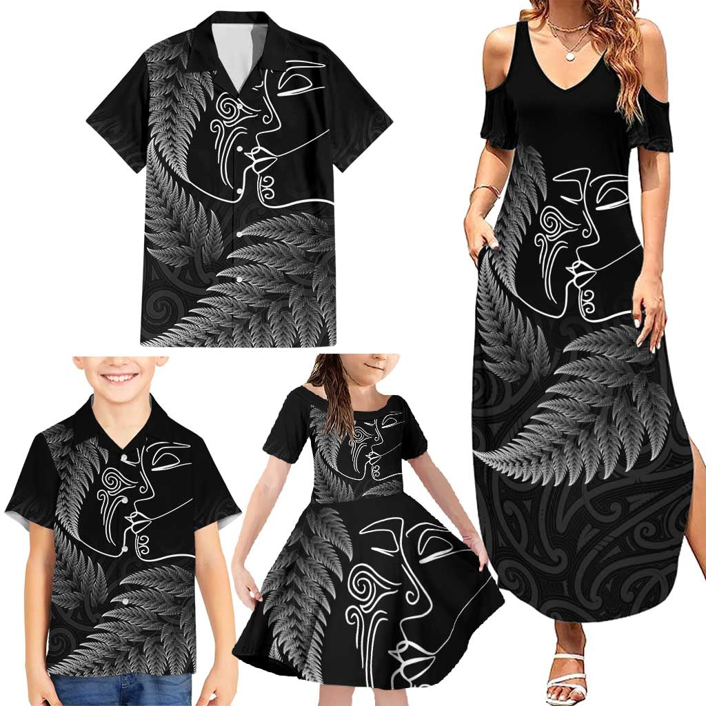 New Zealand Valentine's Day Family Matching Summer Maxi Dress and Hawaiian Shirt Silver Fern and Line Art Love Couple