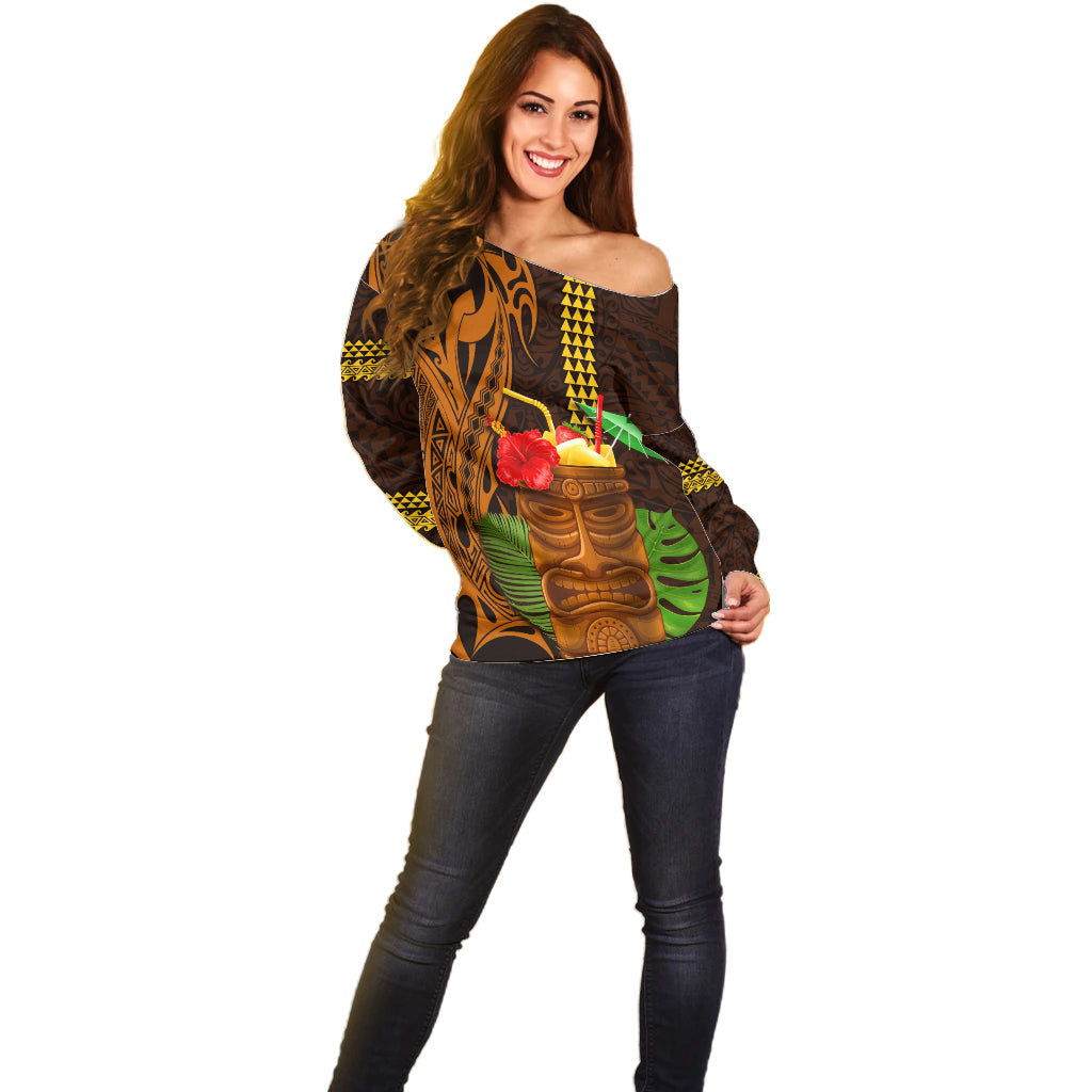 Hawaii Tiki Mask Cocktail Off Shoulder Sweater Kakau Tattoo LT03 - Polynesian Pride