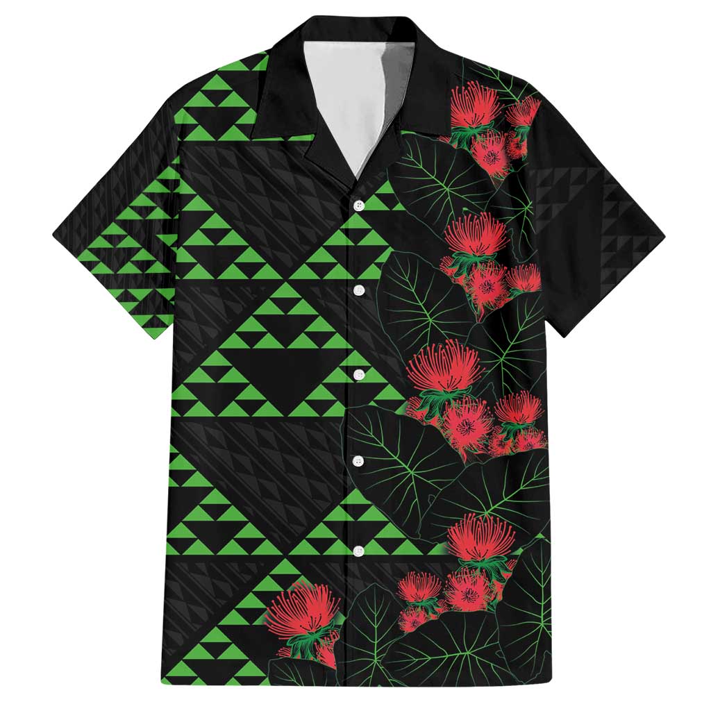 Hawaiian Green Kakau Art Tattoo-Ohia Lehua and Taro Leaves Hawaiian Shirt LT03 Black-Green - Polynesian Pride
