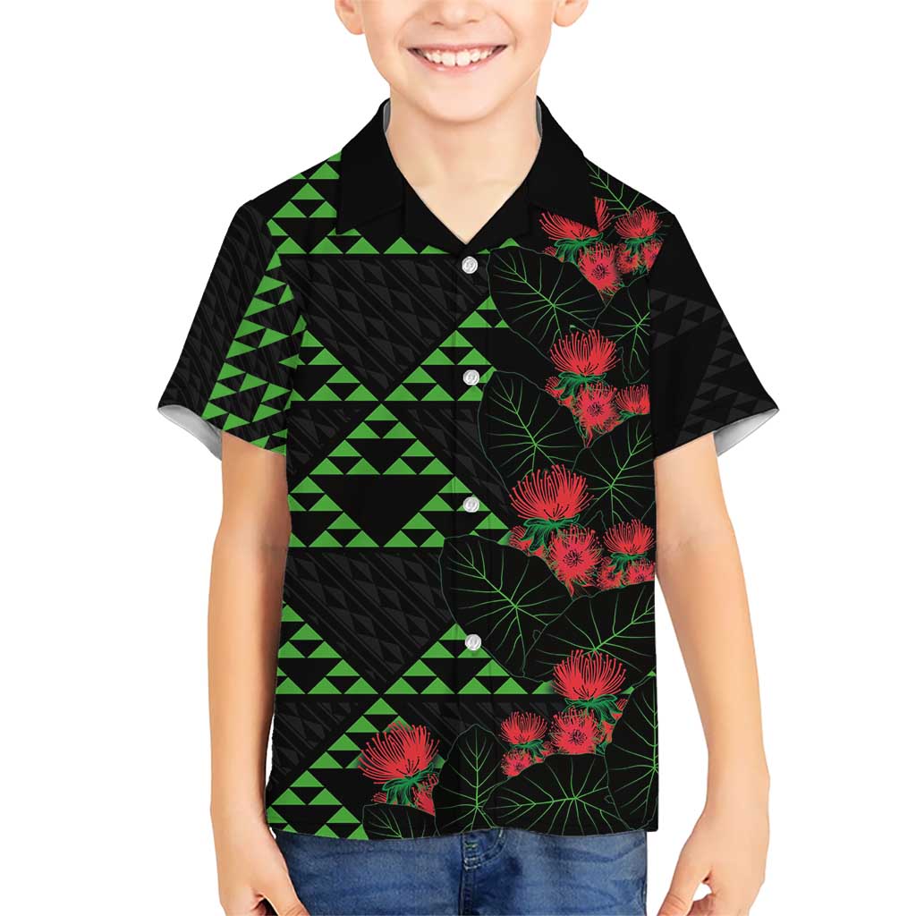 Hawaiian Green Kakau Art Tattoo-Ohia Lehua and Taro Leaves Kid Hawaiian Shirt LT03 Kid Black-Green - Polynesian Pride